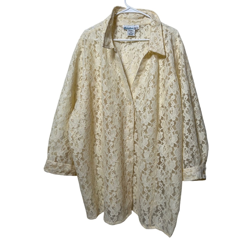 Vintage Cream‎ Floral Lace Button Down Shirt Plus 32W Sheer Top Boho Coquette